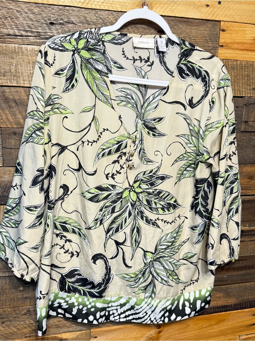 Chicos Womens Size (3) XL Botanical Leaves Nora Beige Green 3/4 Sleeve Top